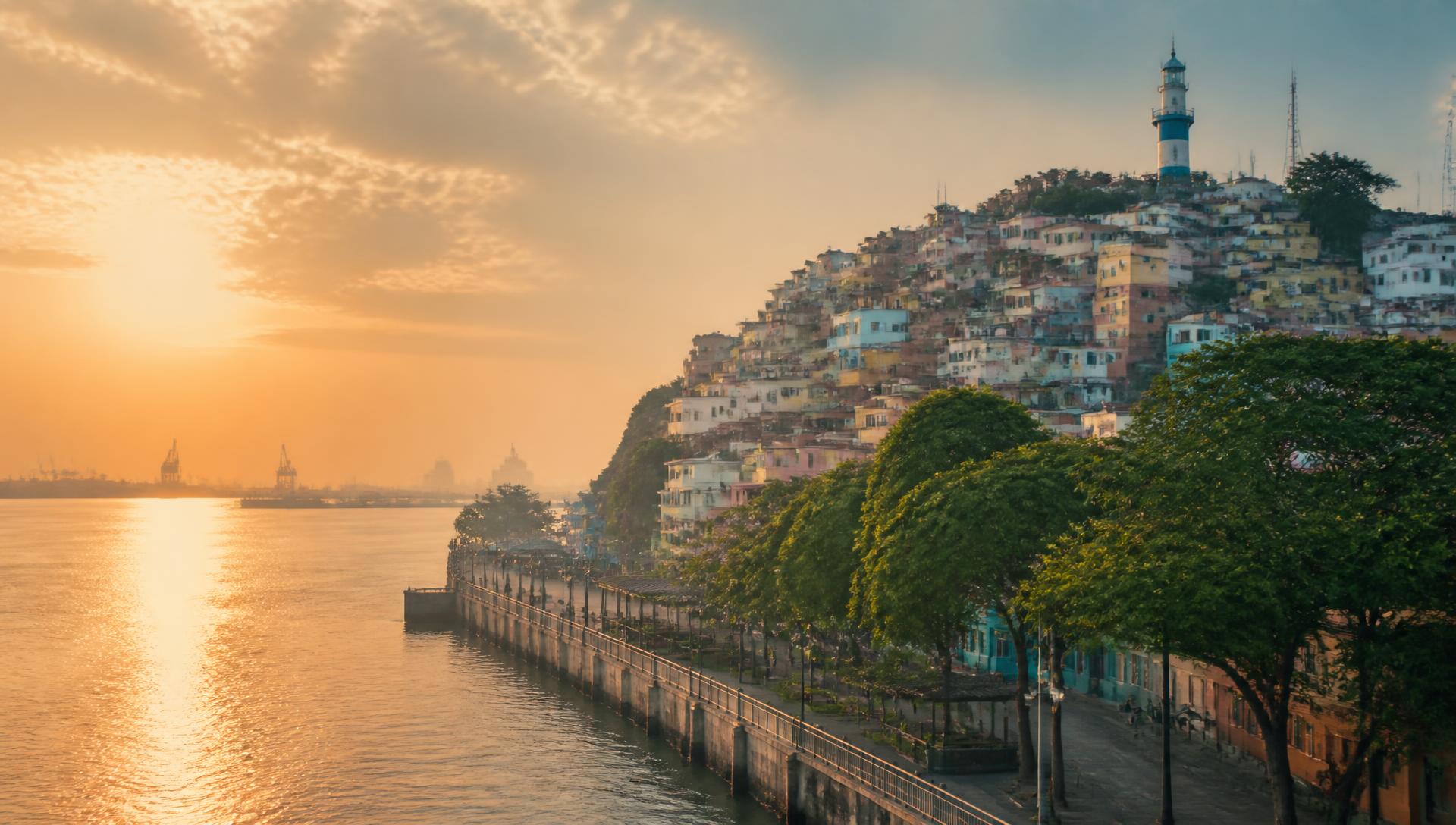 Malecón Simón Bolívar y Cerro Santa Ana en Guayaquil al atardecer